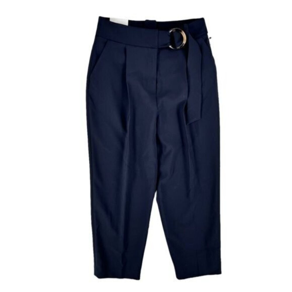 Calvin Klein Navy Cropped Pleated Pants with D-Ring Belt
